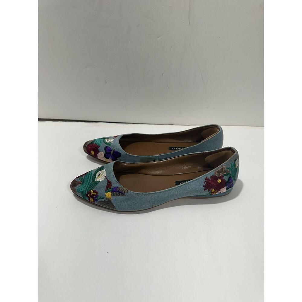 NINE WEST Suziella Blue Fabric Embroidery Pointed Toe Flat Shoes Sz 6 M *stained